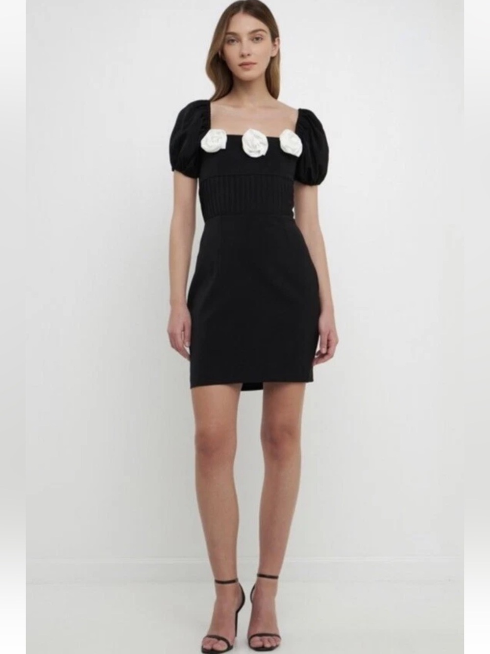 Endless Rose Black Corsage Puff Sleeve Mini Dress W Rosettes sz Medium NWT Prom!